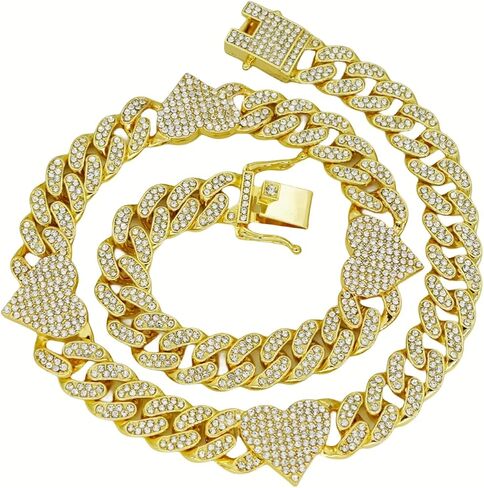 Sparkly Chunky Bling Connected Hearts Fully Rhinestones Iced Out Cuban Chain Link Necklace for Men Women Boys,Bold Miami Fake Faux Diamond Hip Hop Rapper Cool Hip hop Punk Jewelry 18" in Saudi Arabia