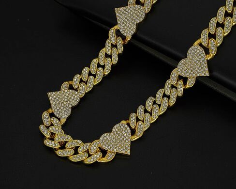 Sparkly Chunky Bling Connected Hearts Fully Rhinestones Iced Out Cuban Chain Link Necklace for Men Women Boys,Bold Miami Fake Faux Diamond Hip Hop Rapper Cool Hip hop Punk Jewelry 18" in Saudi Arabia