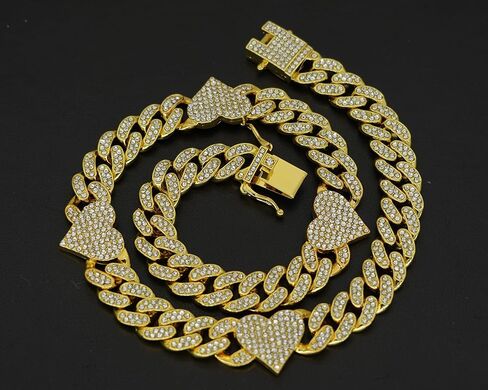 Sparkly Chunky Bling Connected Hearts Fully Rhinestones Iced Out Cuban Chain Link Necklace for Men Women Boys,Bold Miami Fake Faux Diamond Hip Hop Rapper Cool Hip hop Punk Jewelry 18" in Saudi Arabia