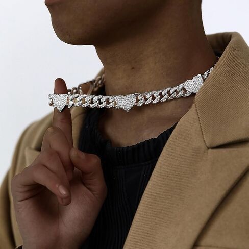 Sparkly Chunky Bling Connected Hearts Fully Rhinestones Iced Out Cuban Chain Link Necklace for Men Women Boys,Bold Miami Fake Faux Diamond Hip Hop Rapper Cool Hip hop Punk Jewelry 18" in Saudi Arabia