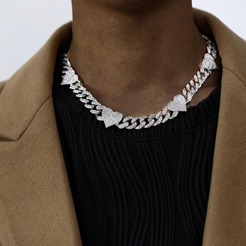 Sparkly Chunky Bling Connected Hearts Fully Rhinestones Iced Out Cuban Chain Link Necklace for Men Women Boys,Bold Miami Fake Faux Diamond Hip Hop Rapper Cool Hip hop Punk Jewelry 18" in Saudi Arabia