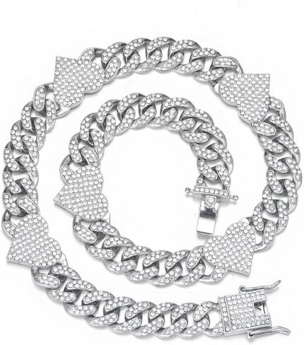 Sparkly Chunky Bling Connected Hearts Fully Rhinestones Iced Out Cuban Chain Link Necklace for Men Women Boys,Bold Miami Fake Faux Diamond Hip Hop Rapper Cool Hip hop Punk Jewelry 18" in Saudi Arabia
