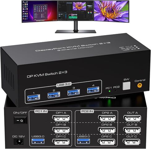 8K Displayport KVM Switch 3 Monitors 2 Computers 4K 120Hz DP KVM Switches Triple Monitor for 2 PC Share 4 USB 3.0 Ports Support Extended & Copy Display Mode Wired Controller & 12V Adapter in Saudi Arabia