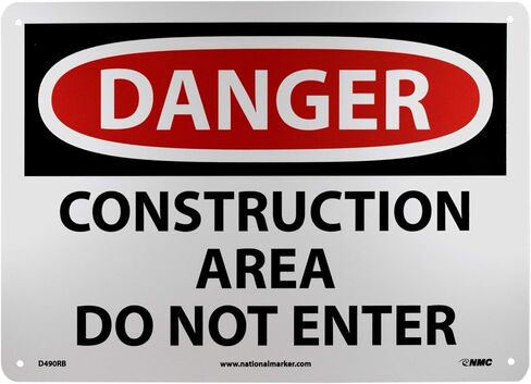 NMC D490RB OSHA Sign, Legend "DANGER - CONSTRUCTION AREA DO NOT ENTER", 14" Length x 10" Height, Rigid Plastic, Red/Black on White in Saudi Arabia