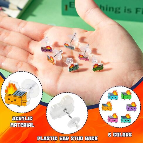 6 Pairs Dumpster fire Stud Earrings - Trash Garbage Burning Flame Ear Stud Cute Cartoon Colorful Acrylic Stud Earrings Hypoallergenic Stainless Steel Jewelry Birthday Gift for Women Girls in Saudi Arabia
