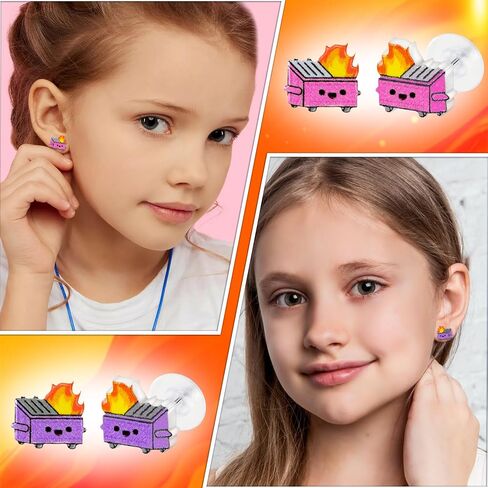 6 Pairs Dumpster fire Stud Earrings - Trash Garbage Burning Flame Ear Stud Cute Cartoon Colorful Acrylic Stud Earrings Hypoallergenic Stainless Steel Jewelry Birthday Gift for Women Girls in Saudi Arabia