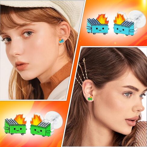 6 Pairs Dumpster fire Stud Earrings - Trash Garbage Burning Flame Ear Stud Cute Cartoon Colorful Acrylic Stud Earrings Hypoallergenic Stainless Steel Jewelry Birthday Gift for Women Girls in Saudi Arabia