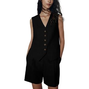 Athlisan Womens Two Piece Outfits Casual Bussiness Vest Sleeveless V Neck Button Front Waistcoat High Waist Shorts