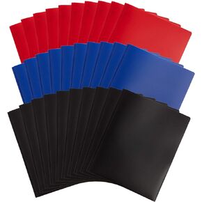 Blue Summit Supplies 30 Plastic Two Pocket Folders with Prongs, Assorted Dark Color Poly Folders with Prongs, Blue, Red, and Black 3 Prong Folders, Letter Size, Bulk 30 Pack