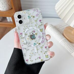 RALEAVO for iPhone 12 Case Compatible with MagSafe Clear Floral Case with Flower Branch Pattern for Girls Women Slim Cute Hard Back Shockproof Phone Case for iPhone 12,Transparent