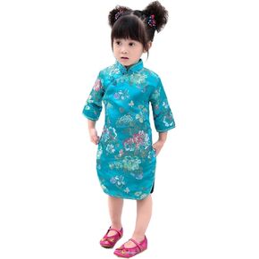 Chinese Girls Dress Peony Rose Qipao Half Sleeve Cheongsam Wedding Dresses Princess Birthday Party Costume