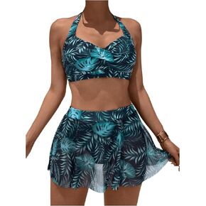 SHENHE Women's Tropical Bikini Sets Ruched Halter Top Ruffled Skirt Bathing Suit 2 Piece Swimsuit