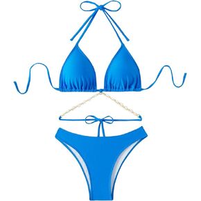 Women's 2 Piece Shell Decor Bikini Halter Tie Side Triangle Set High Cut Bikini Swimsuit Bathing Suit