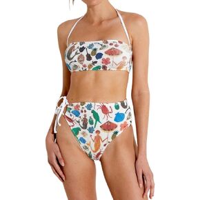 ASHER FASHION Bikini Set for Women Two Piece Swimsuits Island Printed Crinkle Bandeau High-Waisted Bathing Suits