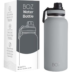 BOZ Stainless Steel Water Bottles 2 Pack Bundle - Blue Water Bottle + Black Water Bottle - Vaccum Insulated Water Bottles 32 Oz - Wide Mouth BPA Free Sport Water Bottles for Gym with Spout Lid
