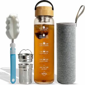 32 oz Motivational Glass Water Bottles with Bamboo Lid Straw and Time Marker - Sports Water Bottle for Drinking
