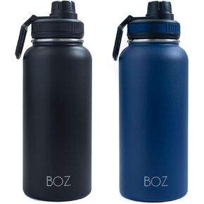 BOZ Stainless Steel Water Bottles 2 Pack Bundle - Blue Water Bottle + Black Water Bottle - Vaccum Insulated Water Bottles 32 Oz - Wide Mouth BPA Free Sport Water Bottles for Gym with Spout Lid