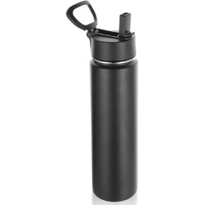 Volhoply 24 Ounce Insulated Water Bottle With Straw Lid,Stainless Steel Wide Mouth Sport Bottles With Handle,Double Wall Vacuum Thermos Keep Cold,Reusable Travel Thermal Cups For Holder,Gym(Black,1)