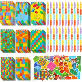 148 Pcs Funny Building Party Favors Bulk Funny Building Mini Spiral Notepads Funny Building Pens Stickers Set for Kid Birthday Party Classroom School Reward Gift Prizes Goodie Bags Stuffers