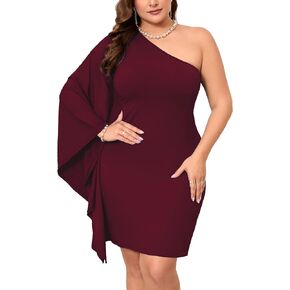 ZOMVA 2024 Plus Size 0X-4X One Shoulder Batwing Sleeve Sexy Mini Dress Off Shoulder Flattering Dresses Wedding Cocktail Party