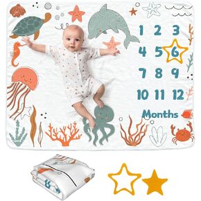 Ocean Baby Monthly Milestone Blanket for Girls, Newborn Month Blanket, Soft Flannel Photography Background Prop Blanket, Personalized Shower Gift, Ocean