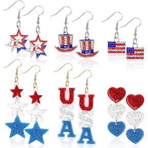 6 Pairs Patriotic Dangle Drop Stud Earrings 4th of July Earrings American Flag Earrings Patriotic Star Earring for Independence Day Memorial Day Toy Party Favor Gift