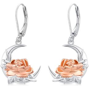 Rose Earrings 925 Sterling Silver Dainty Rose Flower Leverback Earrings Rose Gold Drop Dangle Earrings Rose Jewelry Valentine's Day Gift for Women Girls