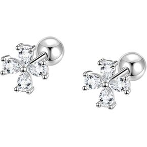 Cute Four Leaf Clover Cartilage Tiny Stud Earrings Hypoallergenic 925 Sterling Silver Cubic Zirconia Crystal Flower Tragus Pierced Sleeper Earring Screw Back Ball Labret Studs Dainty Good Lucky Jewelry for Women Teen Girls Little Gifts Birthday 20G