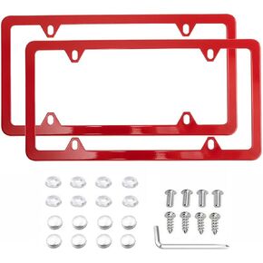 Fashion 4 Holes Slim Matte Red License Plate Frames,Stainless Steel License Plate Cover,Weather Proof License Plate Holder for Women(Super Slim Red,2PCS)
