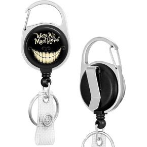 We're All Mad Here Badge Reels Holder Retractable Keychain Heavy Duty with ID Clip for Key Card Name Tag Funny Cartoon Cat Nurse Work Office Key Retractor Leash Black Metal Carabiner Belt Clip ZJK560