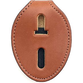 Perfect Fit Universal Oval Police Badge Holder Shield with Metal Belt Clip and Bead Chain Necklace, Hook and Loop Closure, Tan Leather
