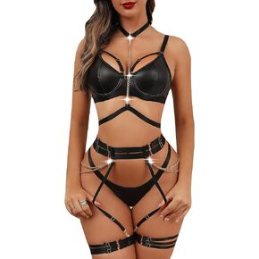 Donnalla Garter Lingerie Women Curvy Adjustable Strappy Underwire Sexy 4 Piece Push Up Bra and Chain Thong Lingerie Sets