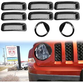 Front Grille Grill Mesh Grille Insert Kit + Angry Bird Style Headlight Lamp Cover Trim Compatible For Jeep Patriot 2011-2016 (Black Front Grill Mesh Insert + Angry Bird Headlight Cover-4)