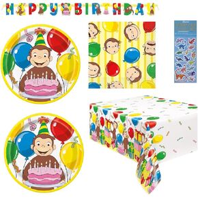 Curious George Birthay Party Supplies Decoration Bundle Pack includes 16 Lunch Plates, 16 Napkins, 1 Table Cover, 1 Happy Birthday Banner, 1 Dinosaur Sticker Sheet (Bundle for 16)
