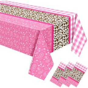 Gejoy 3 Pcs Western Cowgirl Tablecloth Plastic Disposable Pink Horse Table Cover Pink Table Cloth Wild West Cowgirl Birthday Party for Girls Themed Party Decorations Supplies Favors, 51 x 108''