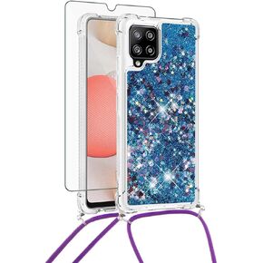 Asuwish Phone Case for Samsung Galaxy A42 5G with Screen Protector and Crossbody Strap Bling Liquid Glitter Clear Slim Shockproof Protective Cell Cover A 42 G5 42A S42 4G 2021 Women Girls Rose Gold