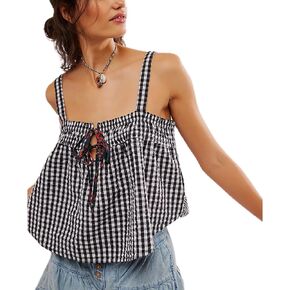 Women Y2K Tie Front Gingham Crop Tank Tops Square Neck Sleeveless Plaid Camisoles Summer Cute Backless Shirred Vest Shirt
