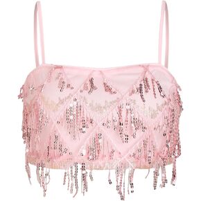 CIDER Sequins Tassel Crop Cami Top