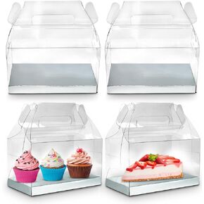 20 pcs Clear Gable Bakery Gift Boxes with Silver Cardboard Medium, Clear Gable Boxes with Cardboard, Favor Boxes Dessert Cookie Cupcake Birthday Wedding Baby Shower (6.3""x3.5""x3.5""), CSB-S100