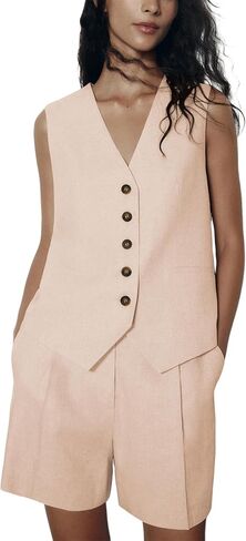Athlisan Womens Two Piece Outfits Casual Bussiness Vest Sleeveless V Neck Button Front Waistcoat High Waist Shorts in Saudi Arabia