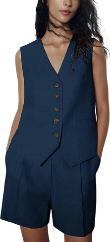 Athlisan Womens Two Piece Outfits Casual Bussiness Vest Sleeveless V Neck Button Front Waistcoat High Waist Shorts in Saudi Arabia