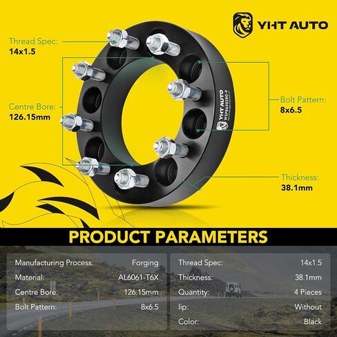 فواصل عجلات YHTAUTO مقاس 8 × 6.5 بوصة مقاس 1.5 بوصة تناسب تشيفي سيلفرادو، جي إم سي سييرا، رام 2500/3500، نيسان، نماذج هامر فواصل إطارات مع مسامير M14x1.5 126.15 مم محور تتحمل 8 عروة 4 قطع محول عجلة سوداء in Saudi Arabia