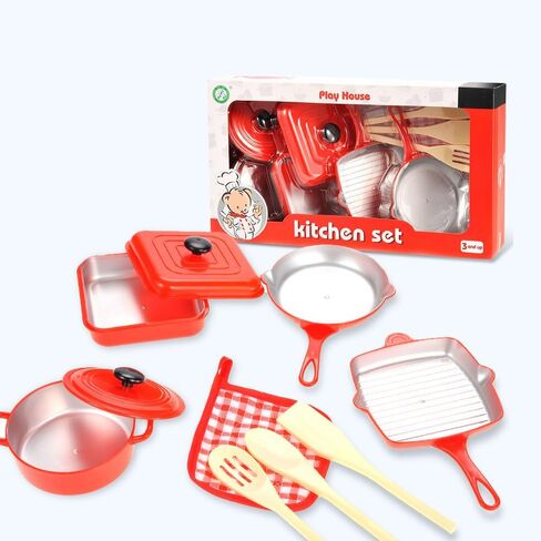 PowerTRC 10 Piece Pots and Pans Kitchen Cookware Playset for Kids with Cooking Utensils Set, Pretend Toy for Kids 3-6 in Kuwait