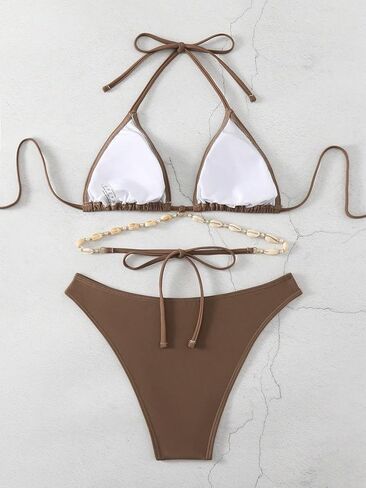Women's 2 Piece Shell Decor Bikini Halter Tie Side Triangle Set High Cut Bikini Swimsuit Bathing Suit in Kuwait