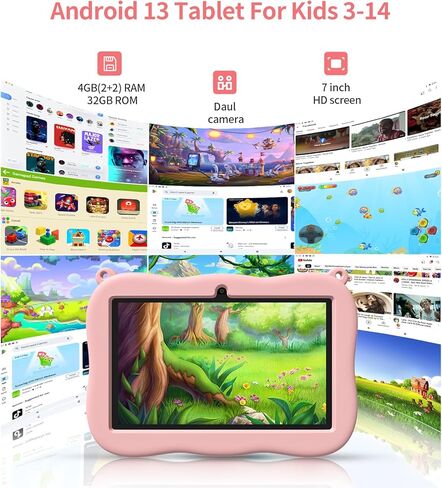 تابلت للأطفال، تابلت Android 13 مقاس 7 بوصات للأطفال الذين تتراوح أعمارهم بين 3 و14 عامًا، وذاكرة وصول عشوائي سعتها 4 جيجابايت وذاكرة قراءة فقط 32 جيجابايت، وأقراص تعلم للأطفال الصغار مع حافظة مضادة للصدمات، ومراقبة الأبوية، وتطبيق للأطفال مثبت مسبقًا (ور in Saudi Arabia