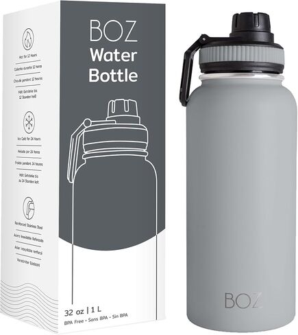 BOZ Stainless Steel Water Bottles 2 Pack Bundle - Blue Water Bottle + Black Water Bottle - Vaccum Insulated Water Bottles 32 Oz - Wide Mouth BPA Free Sport Water Bottles for Gym with Spout Lid in Saudi Arabia