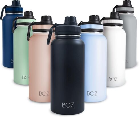 BOZ Stainless Steel Water Bottles 2 Pack Bundle - Blue Water Bottle + Black Water Bottle - Vaccum Insulated Water Bottles 32 Oz - Wide Mouth BPA Free Sport Water Bottles for Gym with Spout Lid in Saudi Arabia