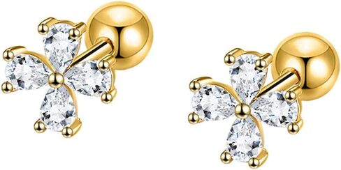 Cute Four Leaf Clover Cartilage Tiny Stud Earrings Hypoallergenic 925 Sterling Silver Cubic Zirconia Crystal Flower Tragus Pierced Sleeper Earring Screw Back Ball Labret Studs Dainty Good Lucky Jewelry for Women Teen Girls Little Gifts Birthday 20G in Saudi Arabia