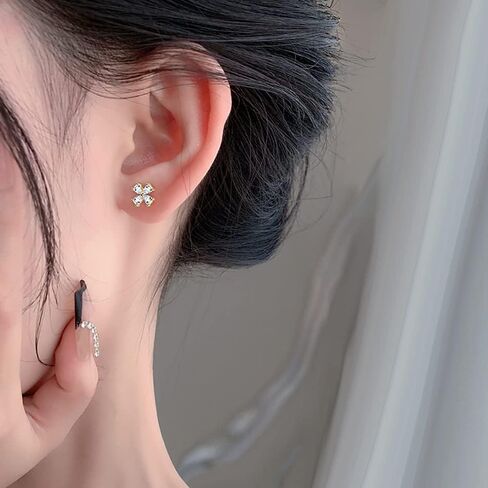 Cute Four Leaf Clover Cartilage Tiny Stud Earrings Hypoallergenic 925 Sterling Silver Cubic Zirconia Crystal Flower Tragus Pierced Sleeper Earring Screw Back Ball Labret Studs Dainty Good Lucky Jewelry for Women Teen Girls Little Gifts Birthday 20G in Saudi Arabia