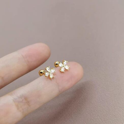 Cute Four Leaf Clover Cartilage Tiny Stud Earrings Hypoallergenic 925 Sterling Silver Cubic Zirconia Crystal Flower Tragus Pierced Sleeper Earring Screw Back Ball Labret Studs Dainty Good Lucky Jewelry for Women Teen Girls Little Gifts Birthday 20G in Saudi Arabia